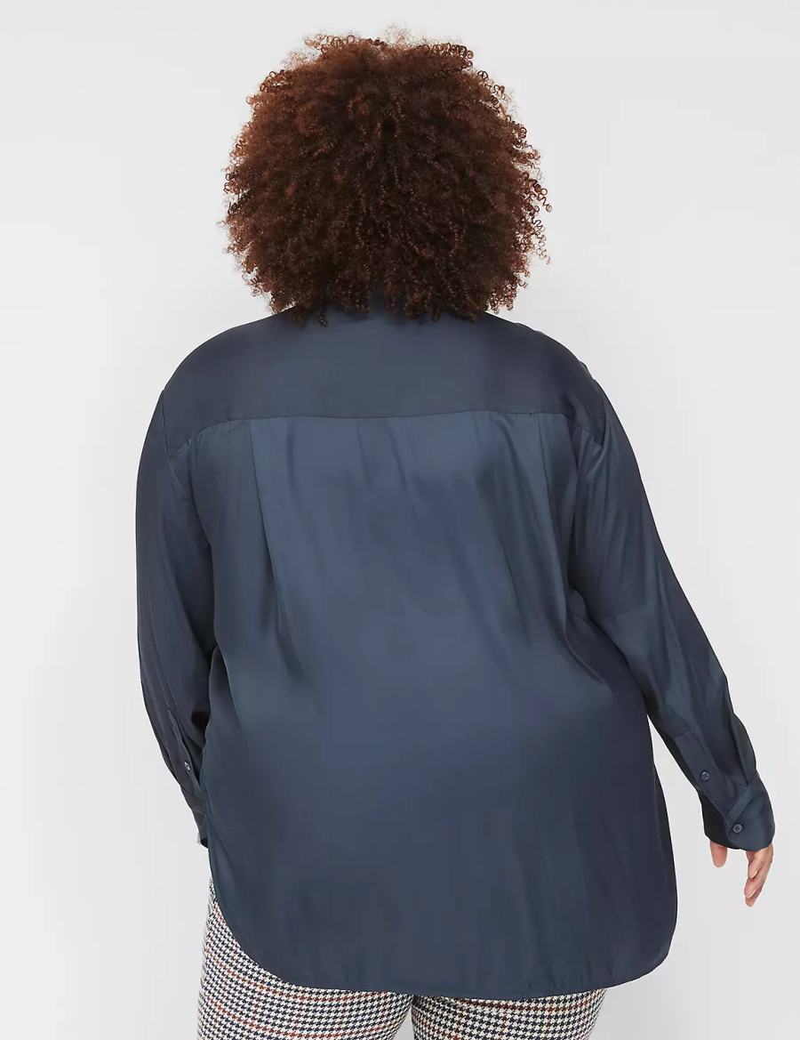 Lane Bryant Satin Button-Down Boyfriend Women Shirts Blue | OFK380VV