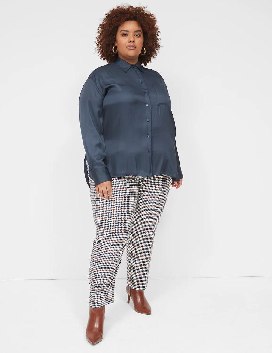 Lane Bryant Satin Button-Down Boyfriend Women Shirts Blue | OFK380VV