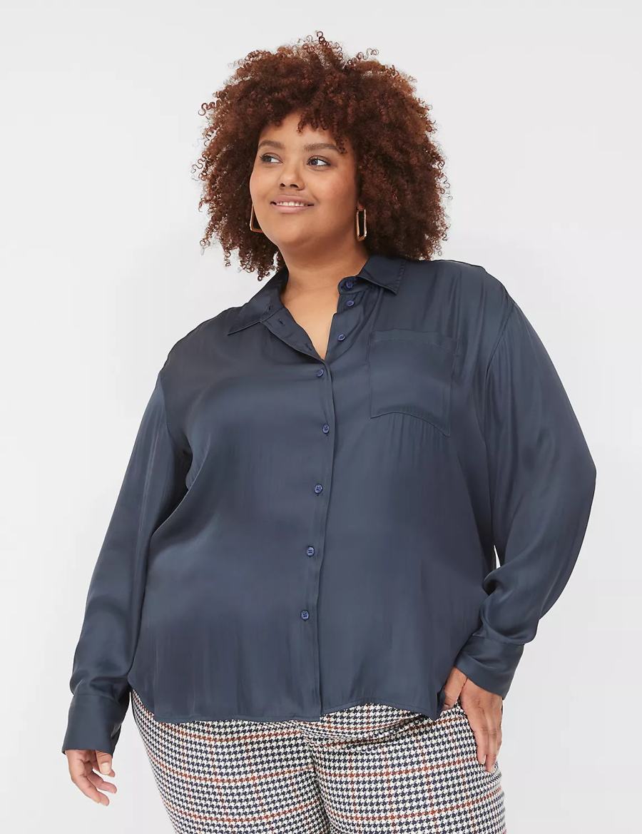 Lane Bryant Satin Button-Down Boyfriend Women Shirts Blue | OFK380VV