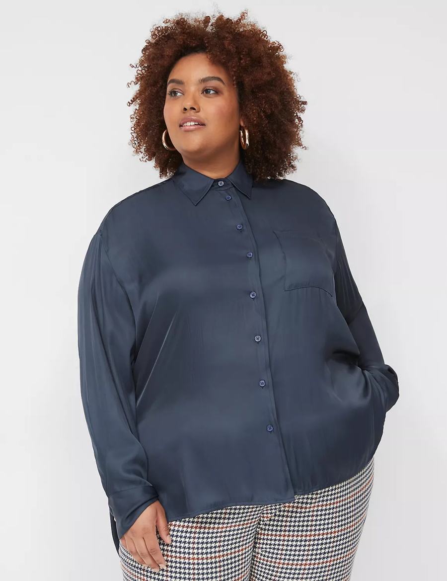 Lane Bryant Satin Button-Down Boyfriend Women Shirts Blue | OFK380VV