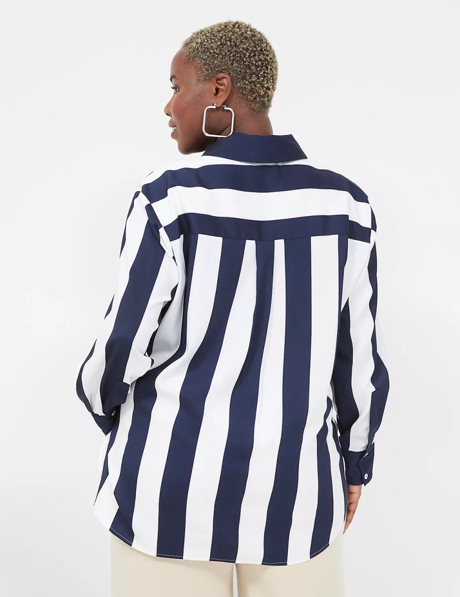 Lane Bryant Satin Easy Collared Stripe Button-Down Women Shirts Navy White Stripes | JJB9993GU