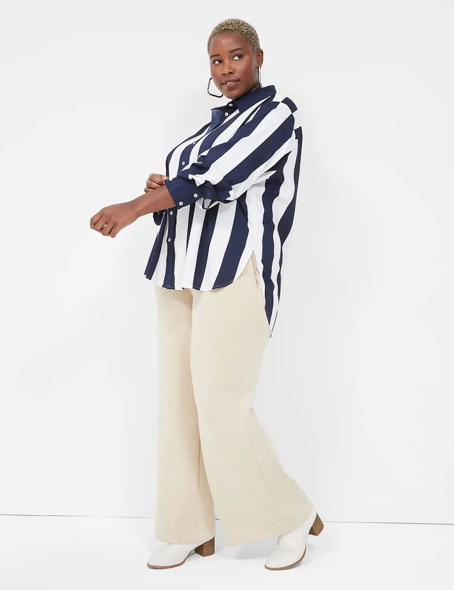 Lane Bryant Satin Easy Collared Stripe Button-Down Women Shirts Navy White Stripes | JJB9993GU