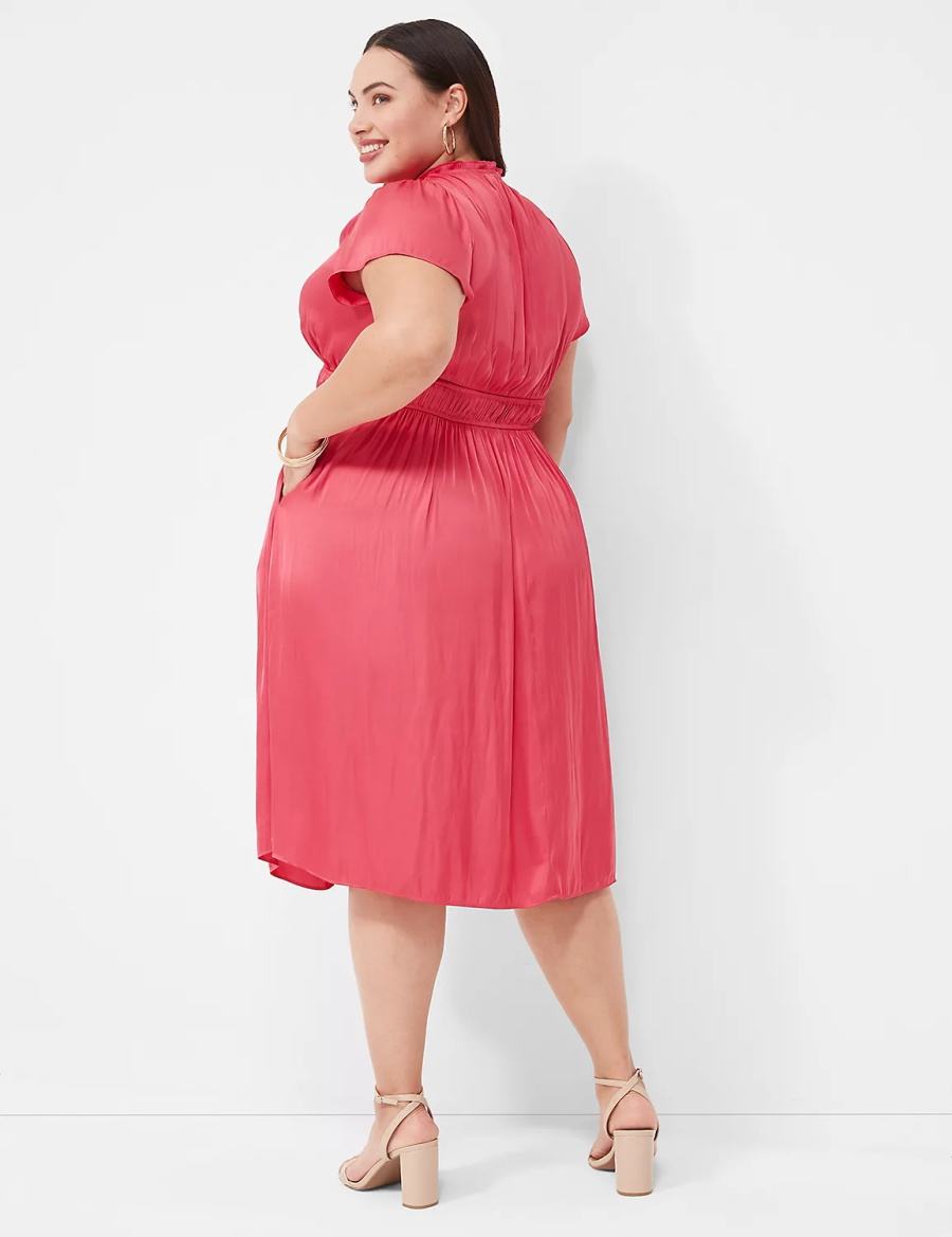 Lane Bryant Satin Flutter-Sleeve Ruffle V-Neck Women Midi Dress Pink | KDZ6877HP