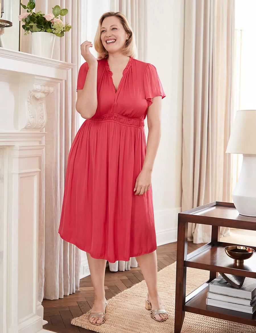 Lane Bryant Satin Flutter-Sleeve Ruffle V-Neck Women Midi Dress Pink | KDZ6877HP