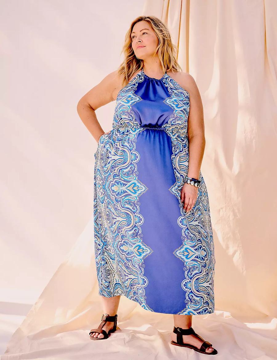 Lane Bryant Satin Halter-Neck Women Maxi Dress Blue | CGR7156SF