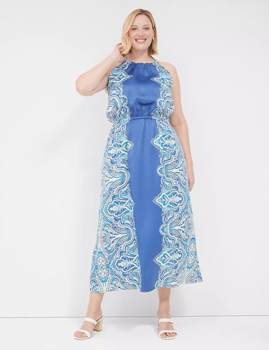 Lane Bryant Satin Halter-Neck Women Maxi Dress Blue | CGR7156SF