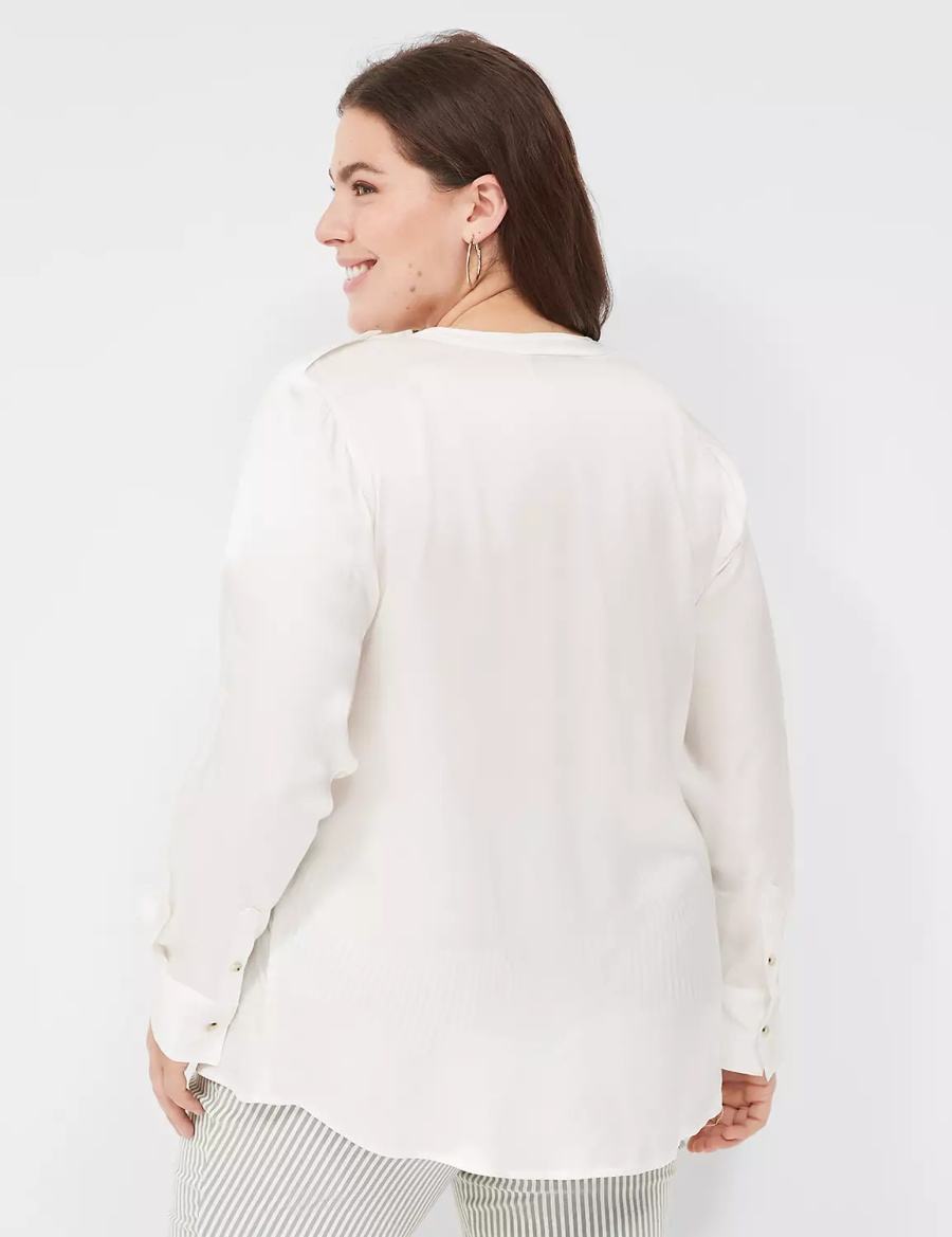 Lane Bryant Satin Long-Sleeve Button-Front Women Blouse White Rose | GUW5122IK