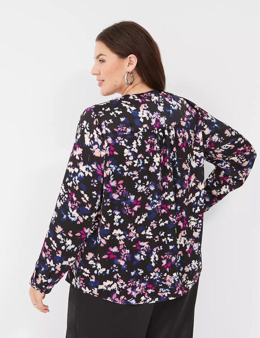 Lane Bryant Satin Ruched-Shoulder Women Blouse Black Multicolor | QHX7923XO