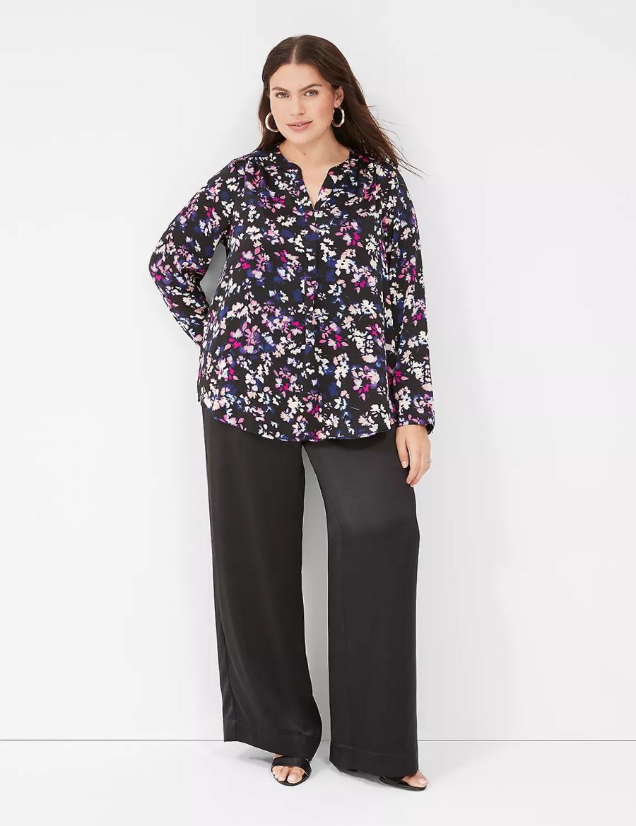 Lane Bryant Satin Ruched-Shoulder Women Blouse Black Multicolor | QHX7923XO