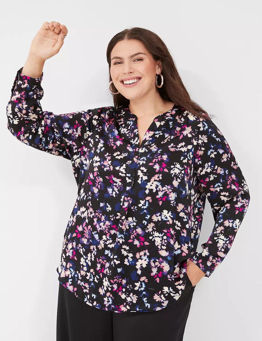 Lane Bryant Satin Ruched-Shoulder Women Blouse Black Multicolor | QHX7923XO