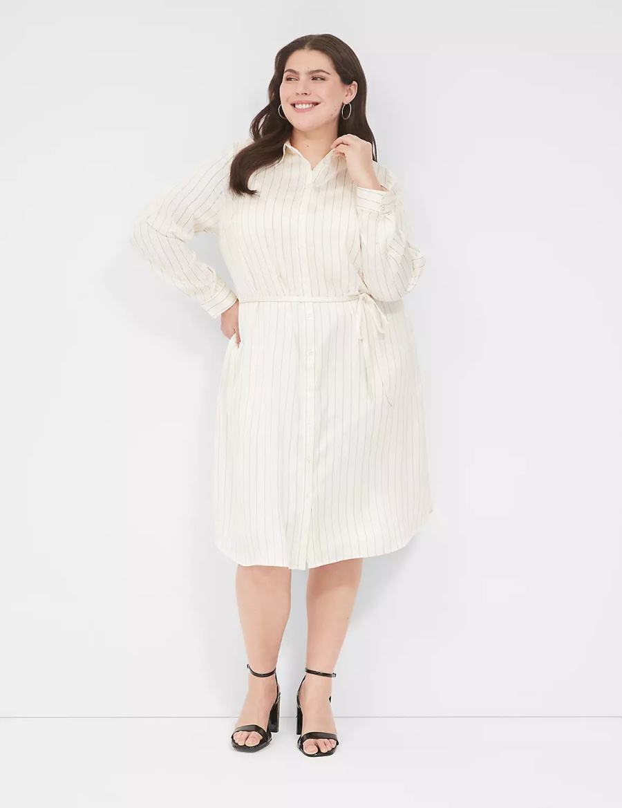 Lane Bryant Satin Shirt Overpiece Women Casual Dress White Black Stripes | DXN44100FD