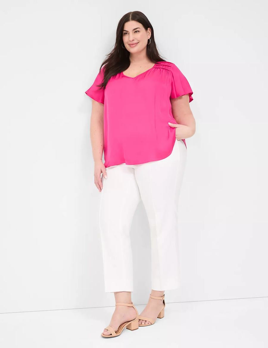 Lane Bryant Satin Smocked-Shoulder Women Blouse Pink | XJQ1284MB