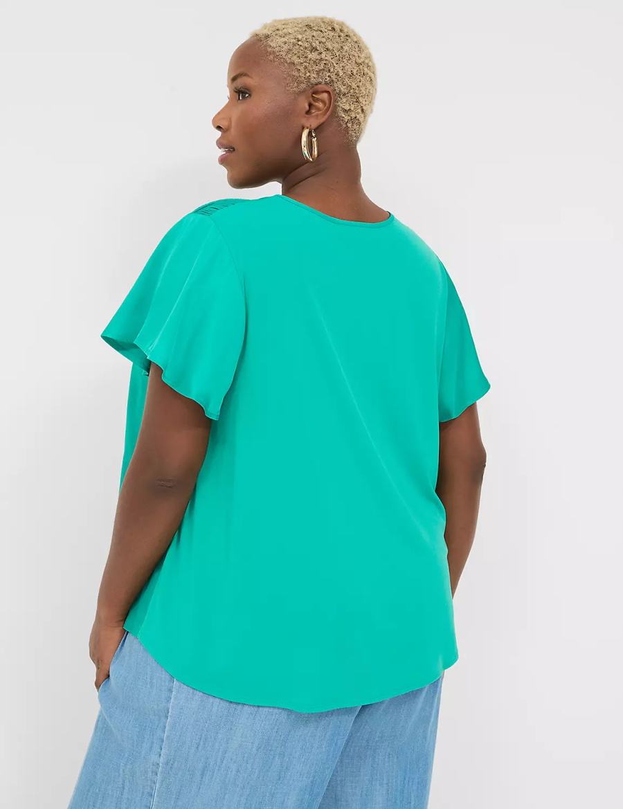 Lane Bryant Satin Smocked-Shoulder Women Blouse Light Turquoise | BVJ922VM