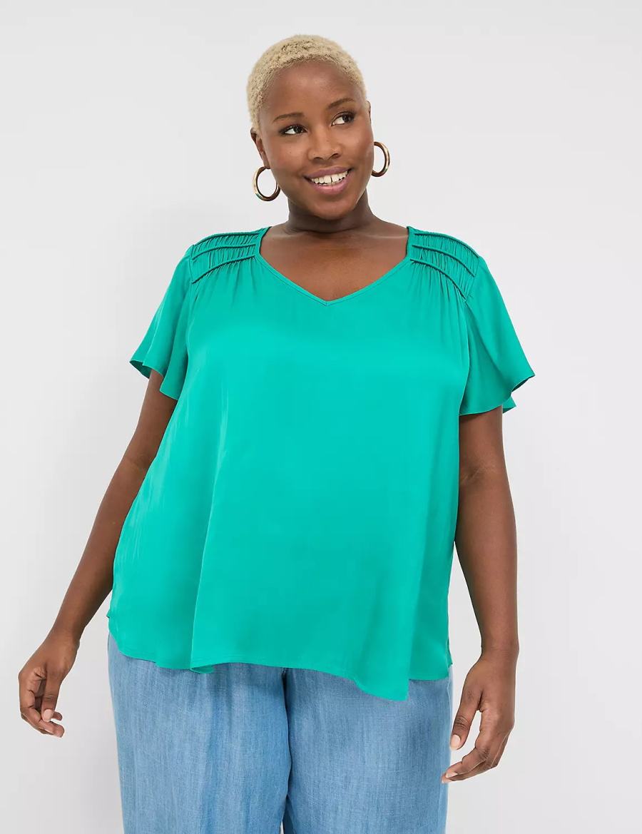 Lane Bryant Satin Smocked-Shoulder Women Blouse Light Turquoise | BVJ922VM