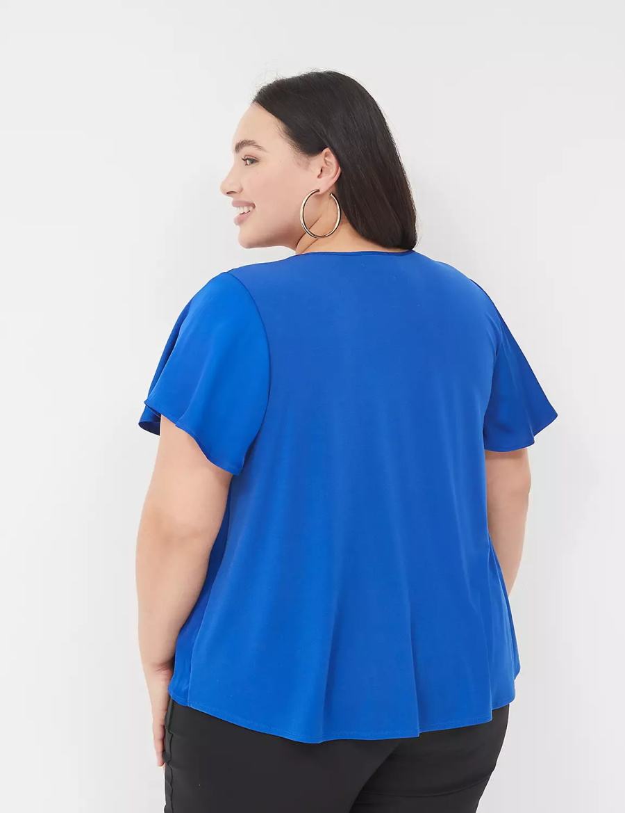 Lane Bryant Satin Smocked-Shoulder Women Blouse Blue | BVZ5213CV