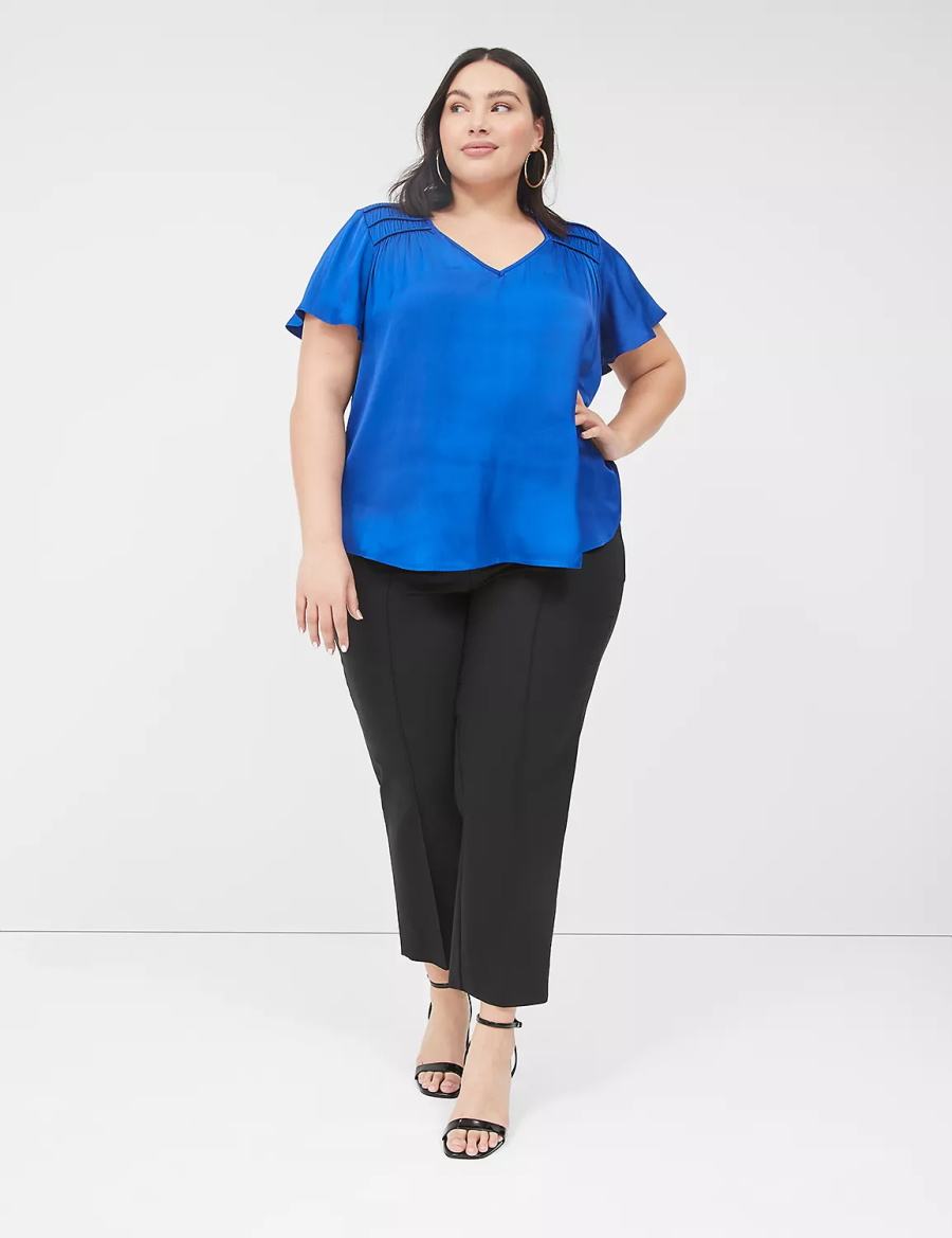 Lane Bryant Satin Smocked-Shoulder Women Blouse Blue | BVZ5213CV