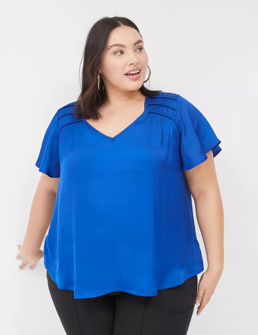 Lane Bryant Satin Smocked-Shoulder Women Blouse Blue | BVZ5213CV