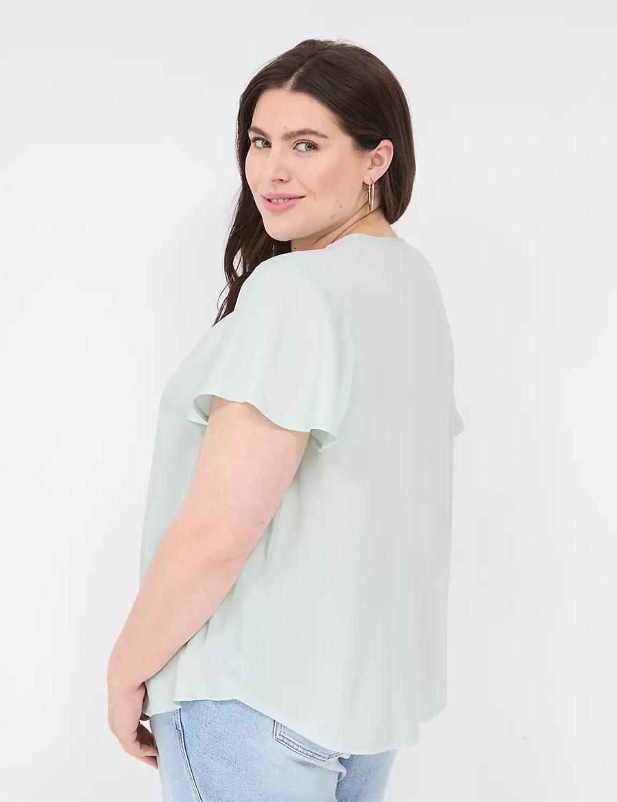 Lane Bryant Satin Smocked-Shoulder Women Blouse Light Green | AWG6424PM