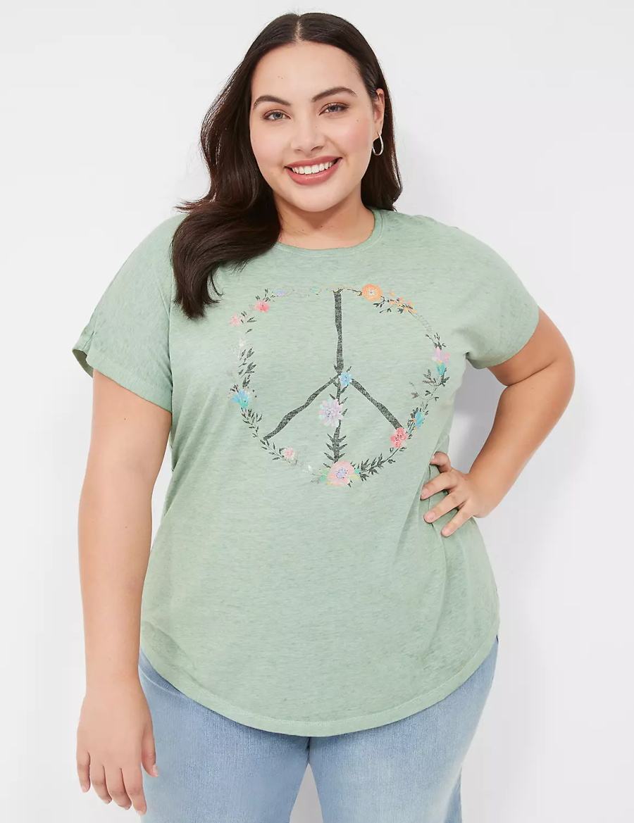 Lane Bryant Scoop-Neck Peace Flowers Graphic Tee Women T Shirts Light Green | VCO3164TA