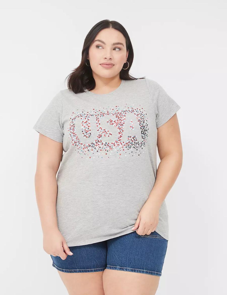 Lane Bryant Sequin USA Graphic Tee Women T Shirts Light Grey | YDF7949JK