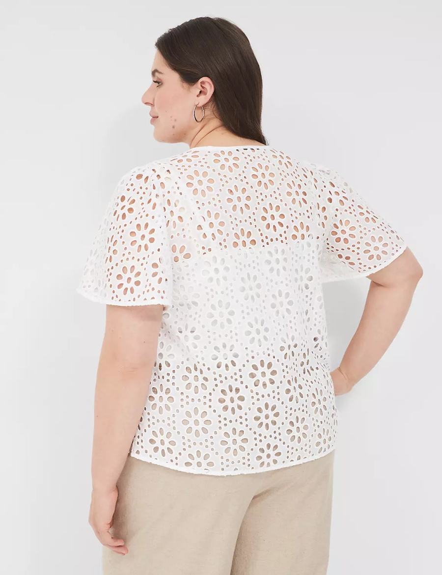 Lane Bryant Sheer Flutter-Sleeve Eyelet Top Women T Shirts White | XBL8167CC