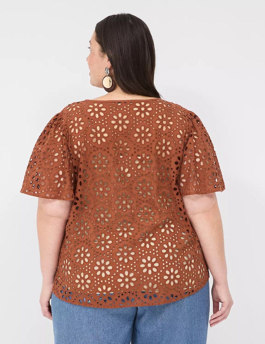 Lane Bryant Sheer Flutter-Sleeve Eyelet Top Women T Shirts Brown | HQT6722PA