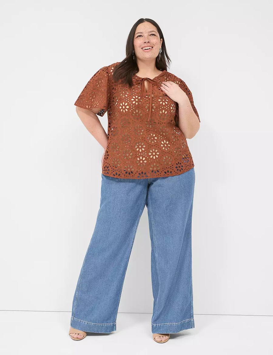 Lane Bryant Sheer Flutter-Sleeve Eyelet Top Women T Shirts Brown | HQT6722PA