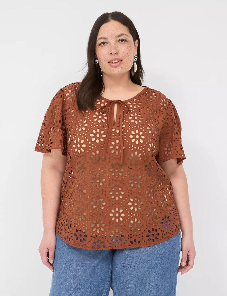 Lane Bryant Sheer Flutter-Sleeve Eyelet Top Women T Shirts Brown | HQT6722PA