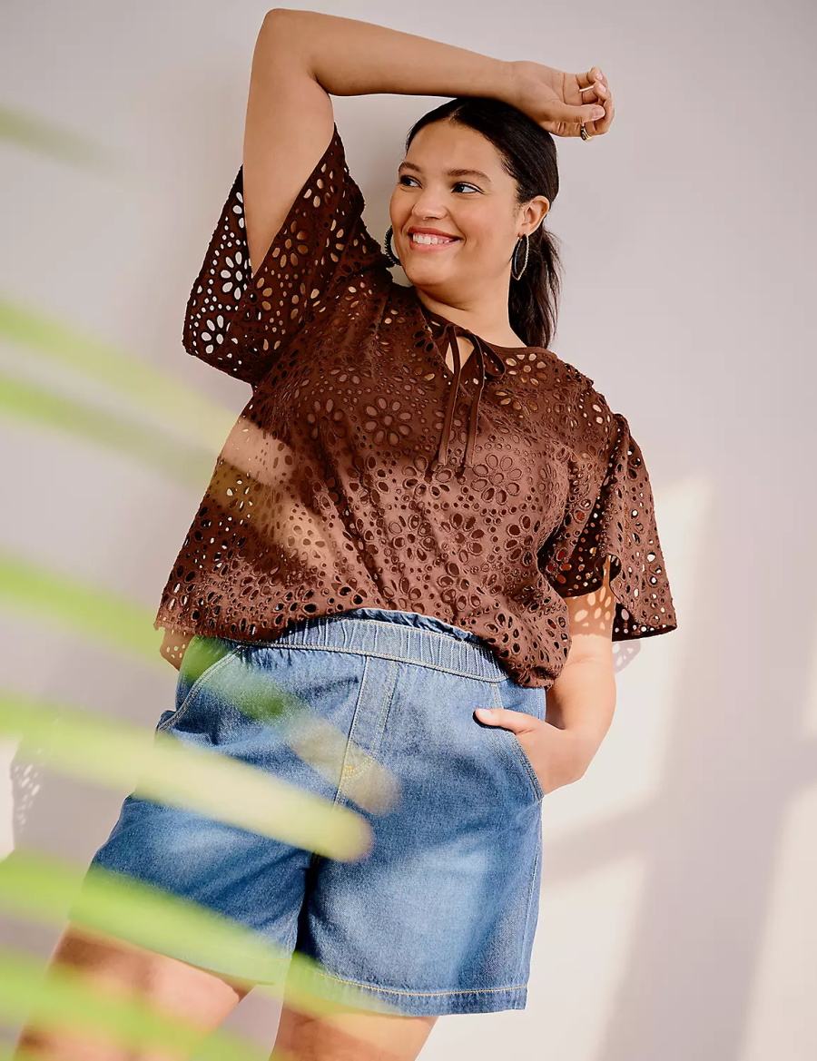 Lane Bryant Sheer Flutter-Sleeve Eyelet Top Women T Shirts Brown | HQT6722PA