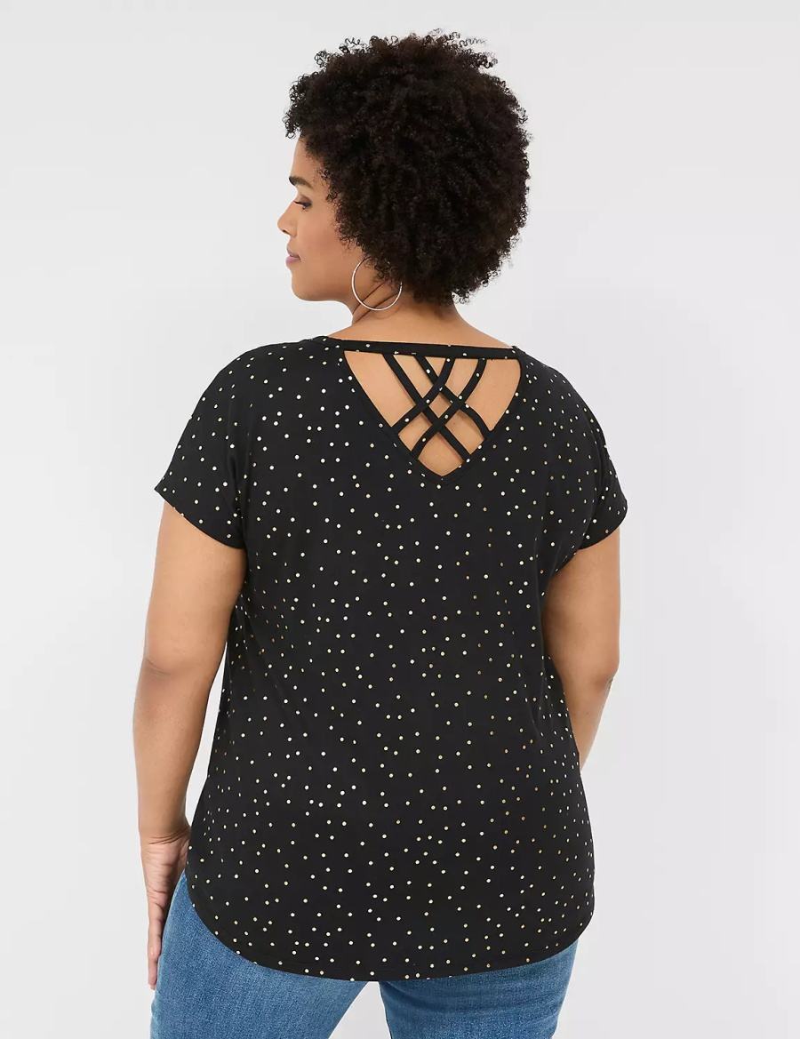 Lane Bryant Shimmer Foil Strappy-Back Tee Women T Shirts Black | GOQ2189YA