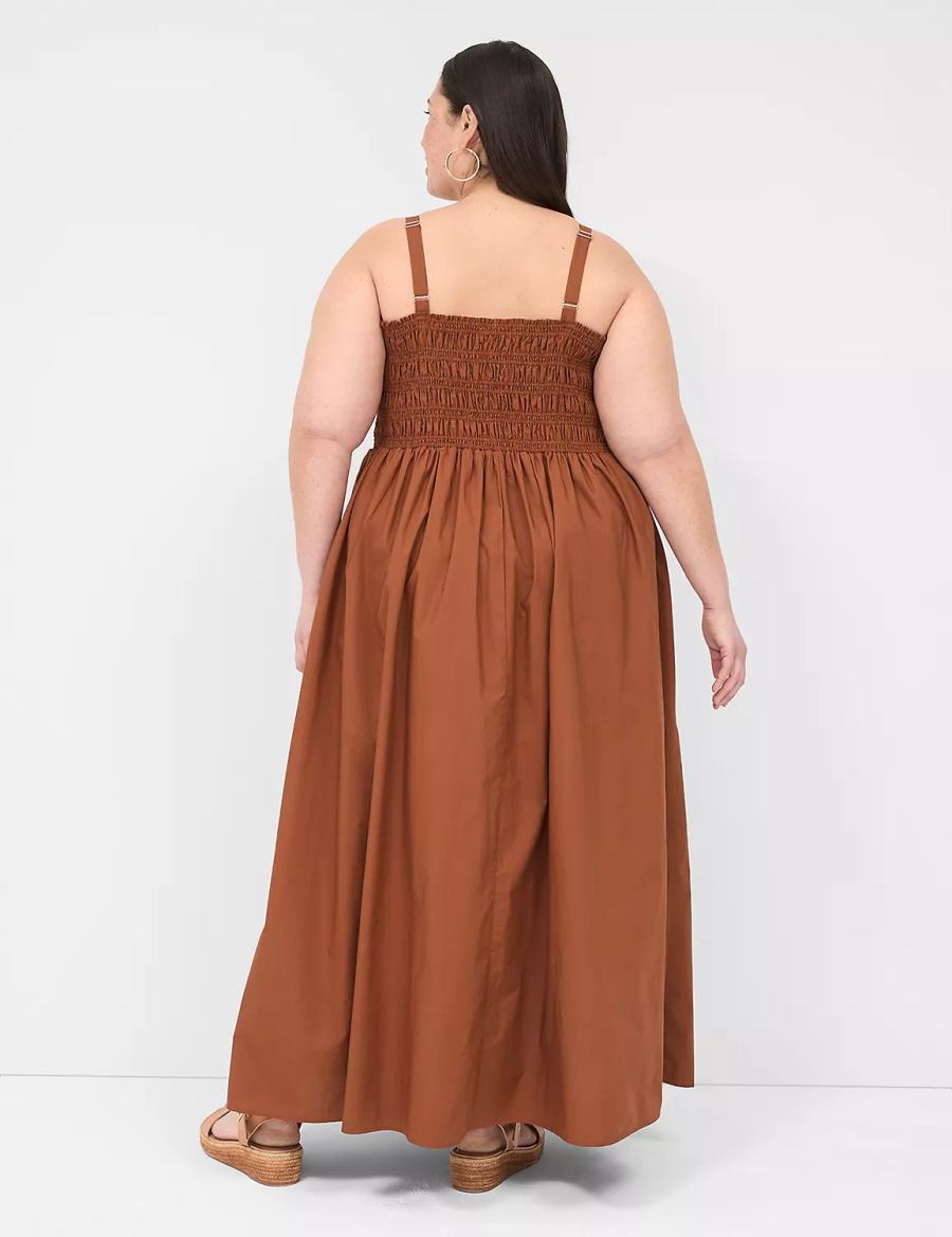 Lane Bryant Shirred-Bodice Square-Neck Women Maxi Dress Brown | RAK5519NX