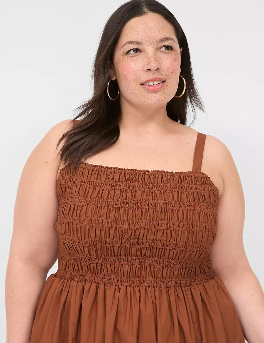 Lane Bryant Shirred-Bodice Square-Neck Women Maxi Dress Brown | RAK5519NX