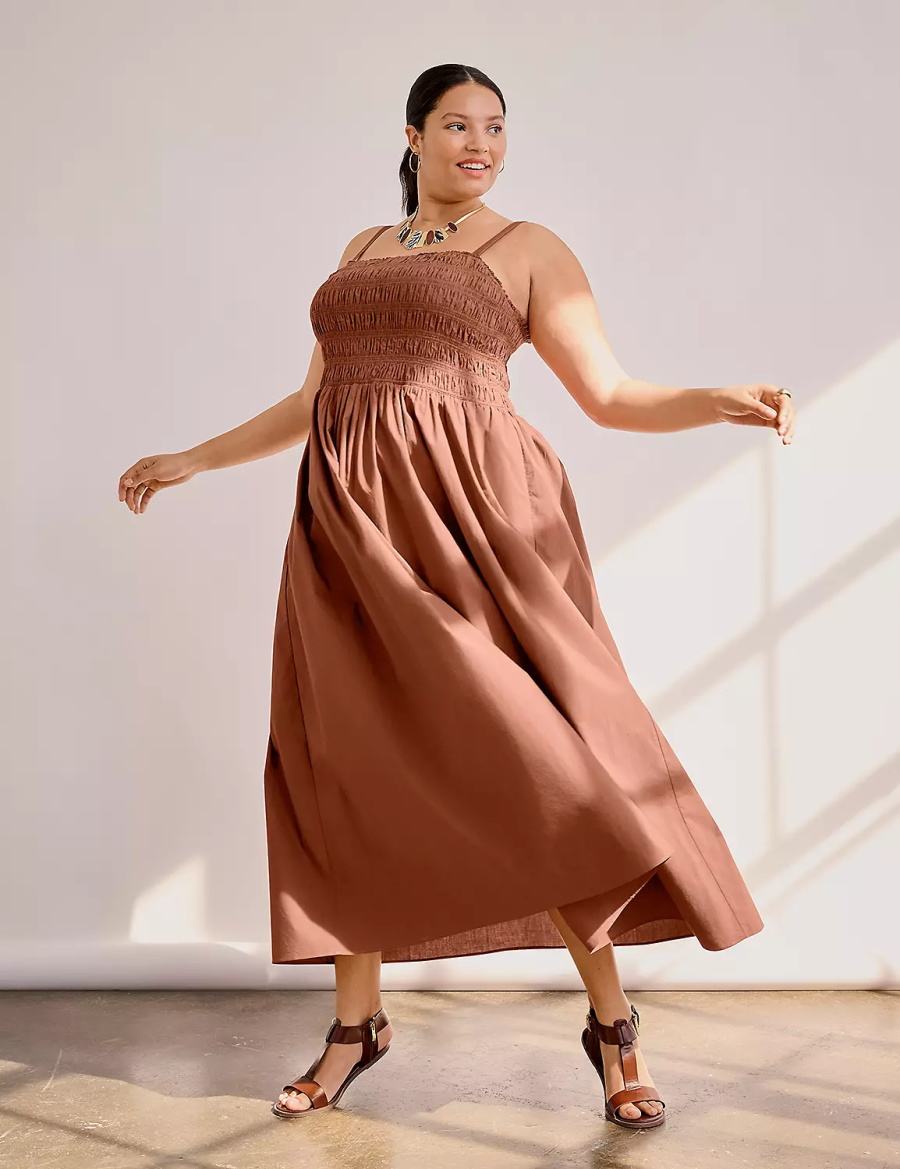 Lane Bryant Shirred-Bodice Square-Neck Women Maxi Dress Brown | RAK5519NX