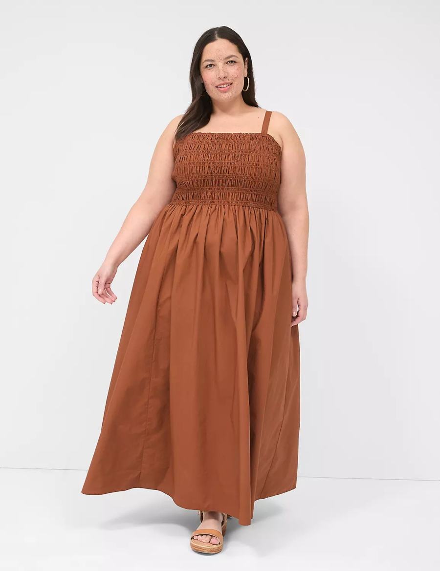 Lane Bryant Shirred-Bodice Square-Neck Women Maxi Dress Brown | RAK5519NX