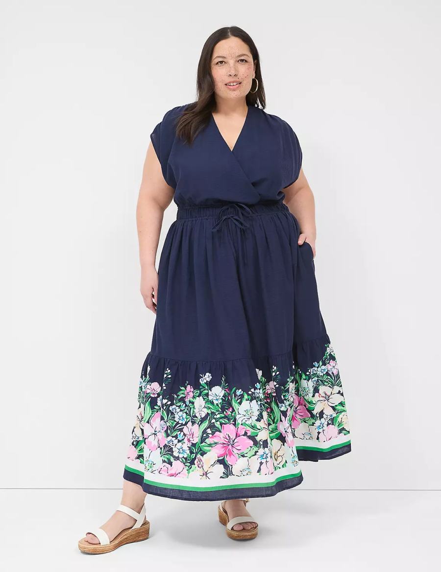 Lane Bryant Shirred-Shoulder Double-Waist Women Maxi Dress Dark Blue | LON2251SZ