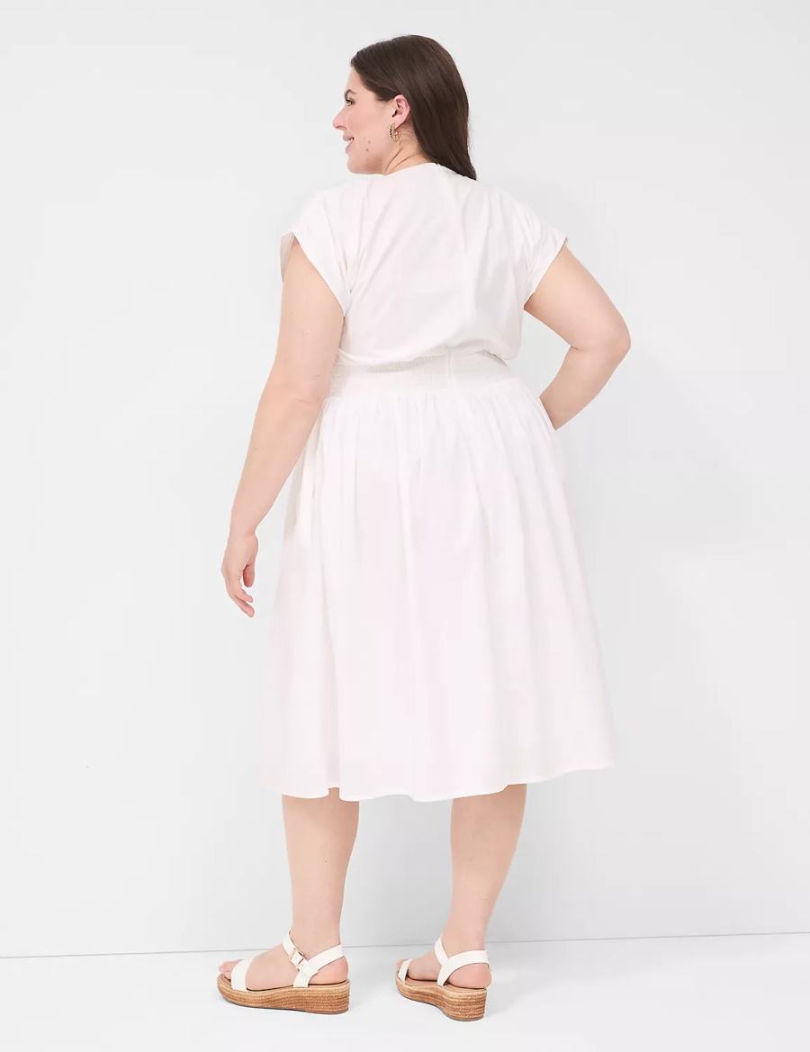 Lane Bryant Shirred-Shoulder Smocked-Waist Women Midi Dress White | KIM9194VK