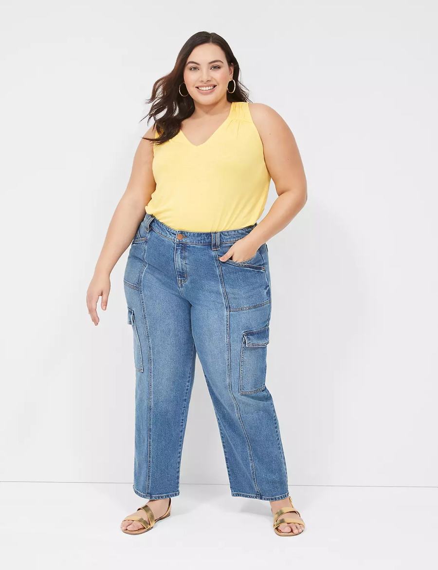 Lane Bryant Shirred-Shoulder V-Neck Women Tank Top Yellow | ZVB3822XW