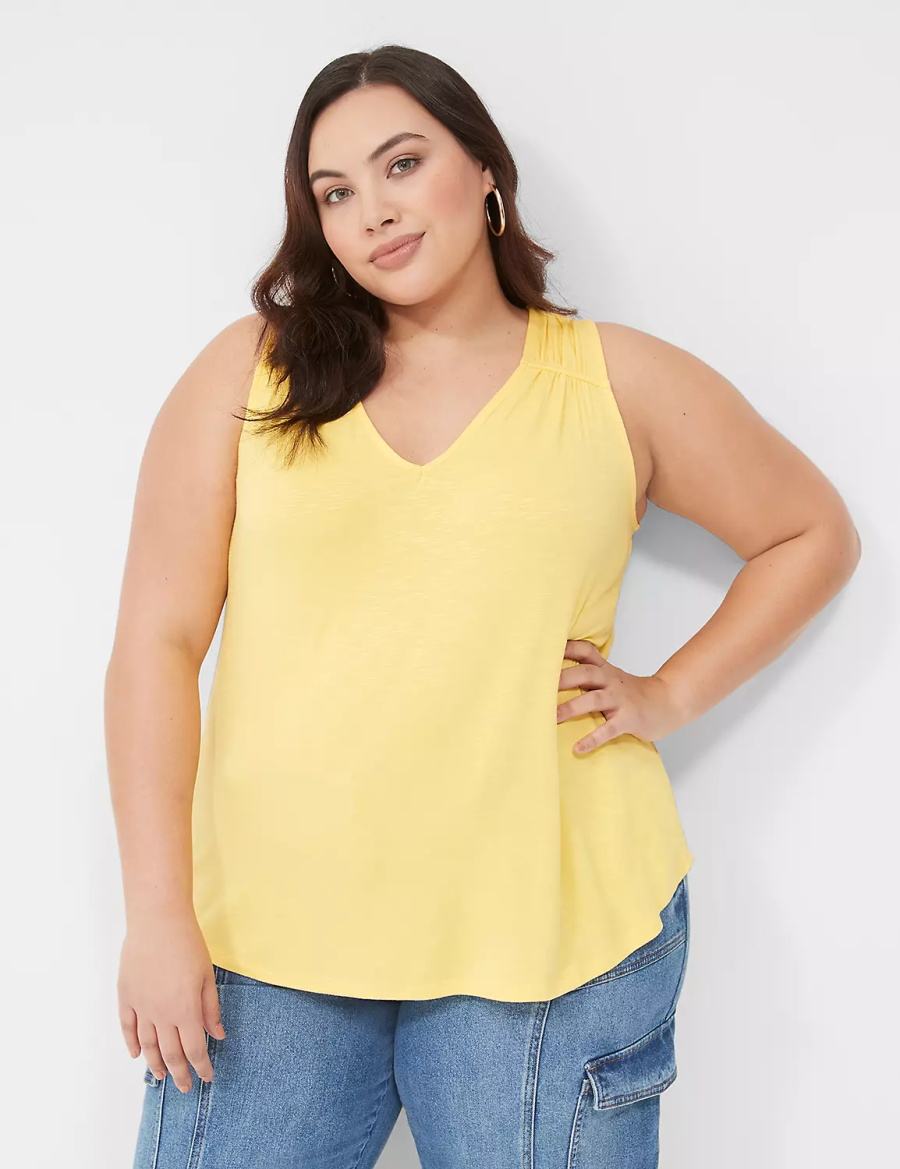 Lane Bryant Shirred-Shoulder V-Neck Women Tank Top Yellow | ZVB3822XW