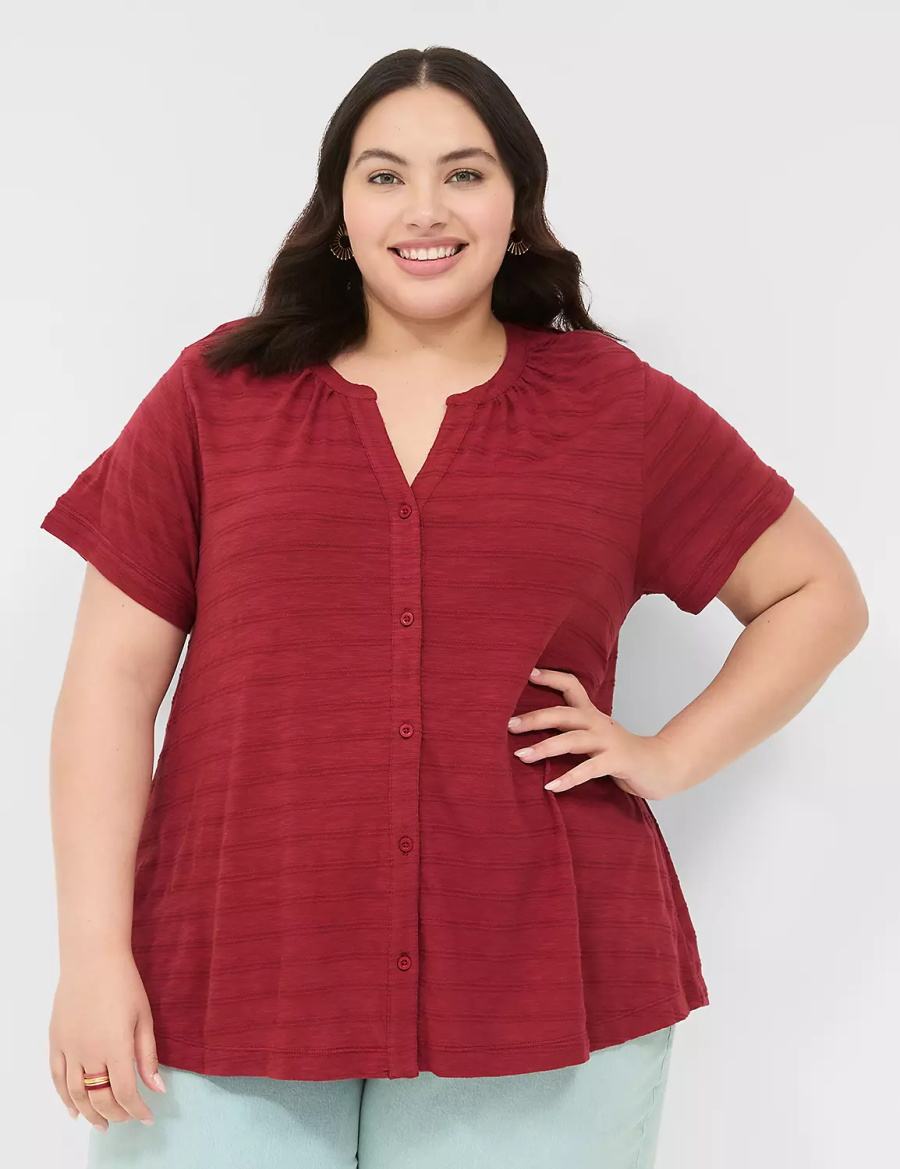 Lane Bryant Short-Sleeve Button-Down Top Women T Shirts Deep Red | AMS3712SH