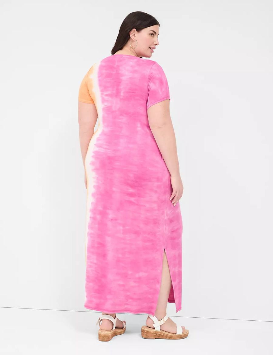 Lane Bryant Short-Sleeve Side-Slit Tie Dye Women Maxi Dress Pink Orange | CHU8490OH