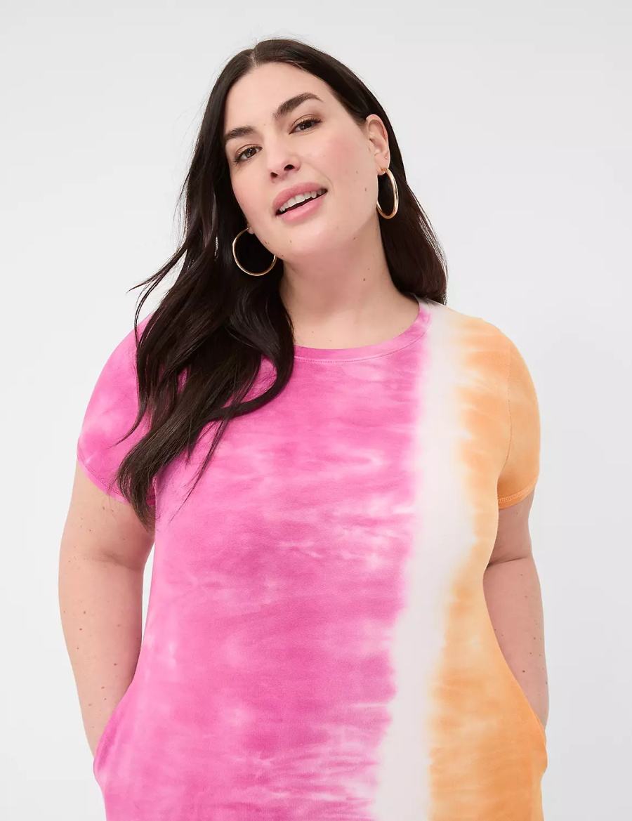 Lane Bryant Short-Sleeve Side-Slit Tie Dye Women Maxi Dress Pink Orange | CHU8490OH