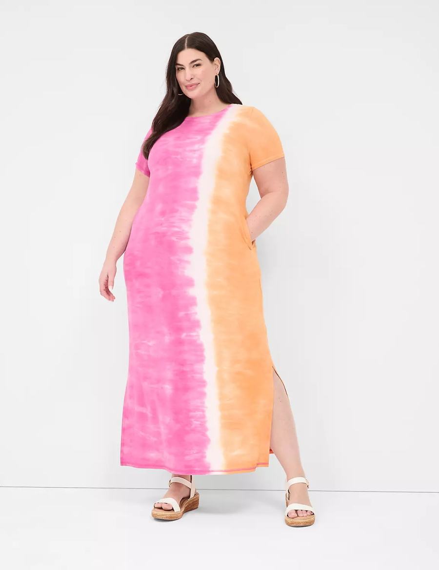 Lane Bryant Short-Sleeve Side-Slit Tie Dye Women Maxi Dress Pink Orange | CHU8490OH