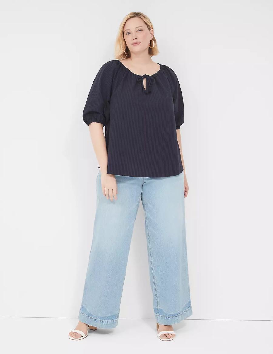 Lane Bryant Short-Sleeve Split-Neck Popover Women Blouse Blue | SZH322YA