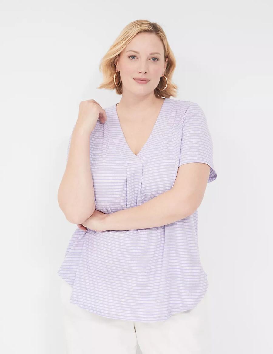 Lane Bryant Short-Sleeve V-Neck Top Women T Shirts Purple Stripes | UEI7926QI