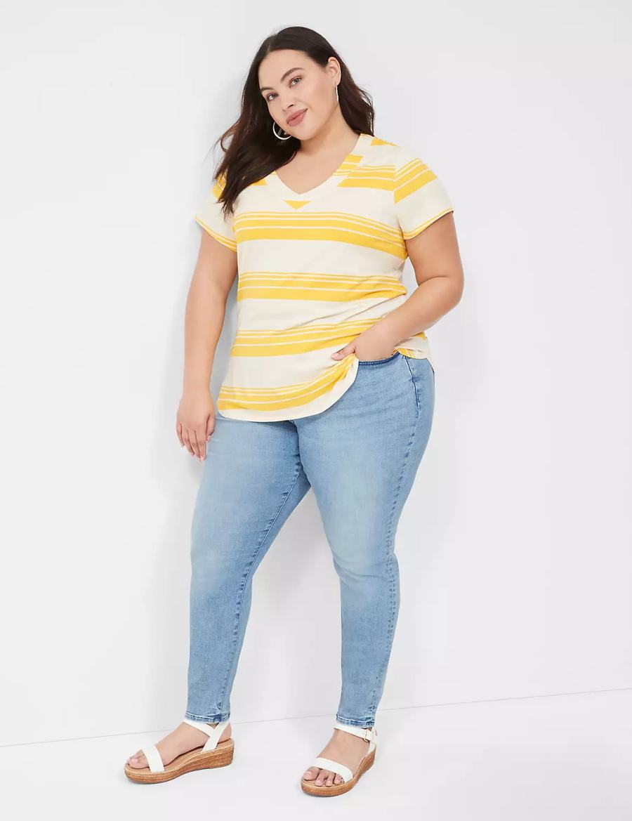 Lane Bryant Short Sleeve V-Neck Top Women T Shirts Yellow Stripes | XQP6548HC