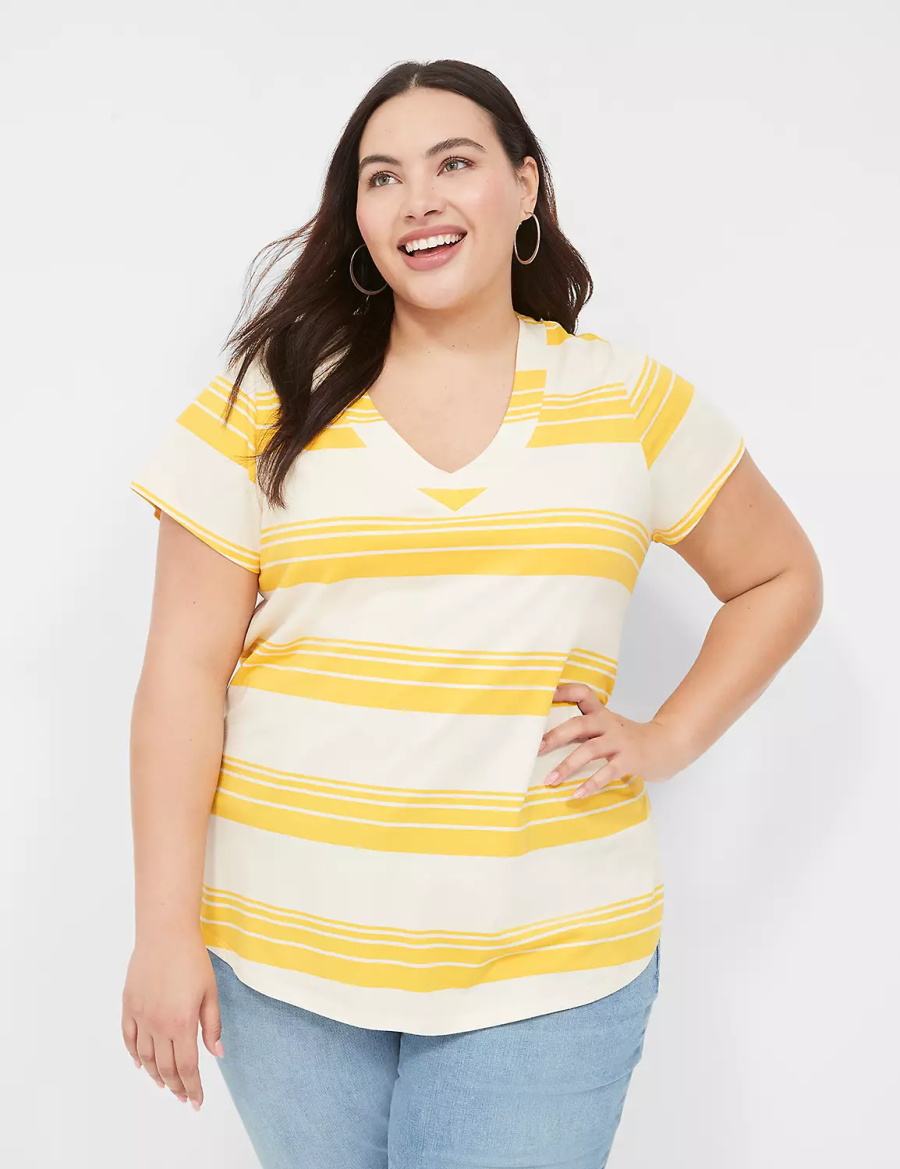 Lane Bryant Short Sleeve V-Neck Top Women T Shirts Yellow Stripes | XQP6548HC