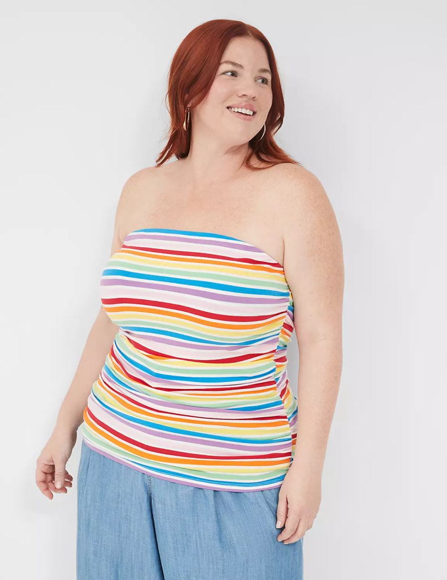 Lane Bryant Side-Ruched Tube Top With Shelf-Bra Women Tank Top Multicolor Stripes | ZFW157BC