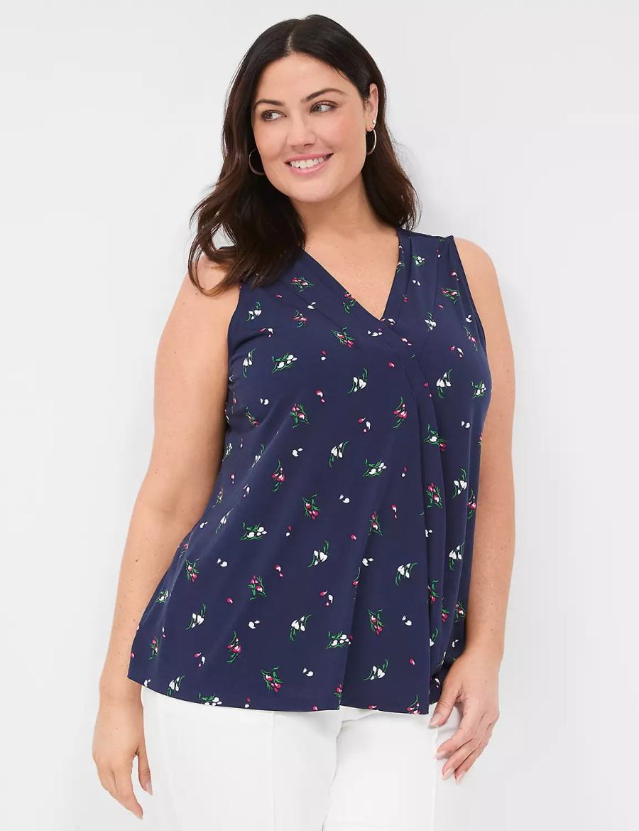 Lane Bryant Sleeveless Pleat-Front Top Women Tank Top Navy Multicolor | AIL4865ZF