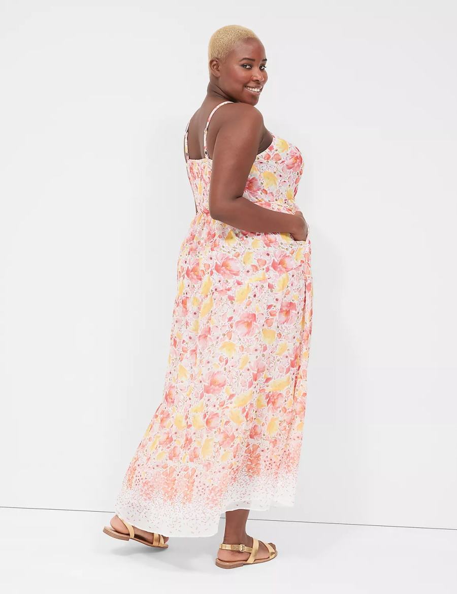 Lane Bryant Sleeveless Tiered Women Maxi Dress Yellow Pink | CGT826HB