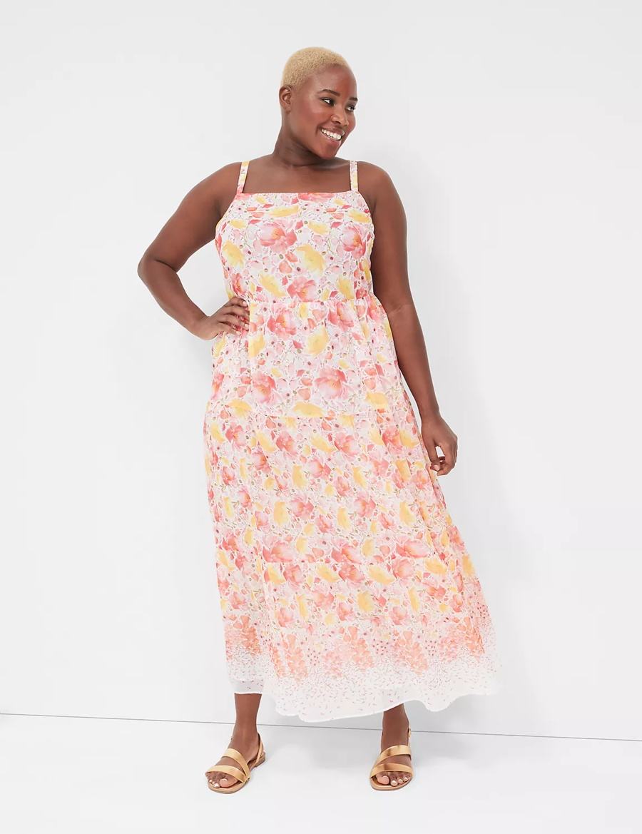 Lane Bryant Sleeveless Tiered Women Maxi Dress Yellow Pink | CGT826HB